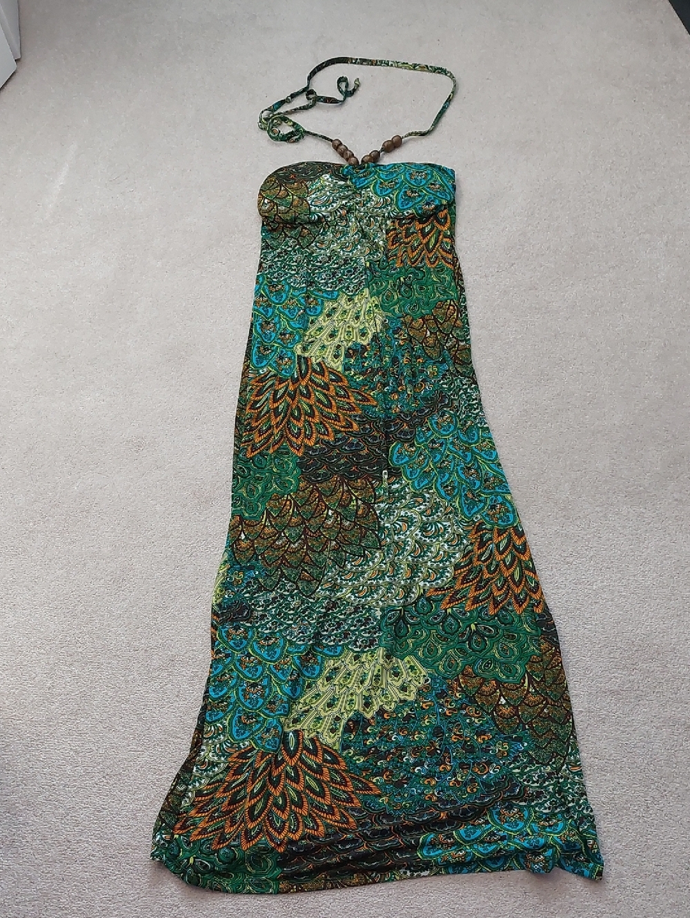 Strapless Green Patterned Halter-Tie Maxi Dress